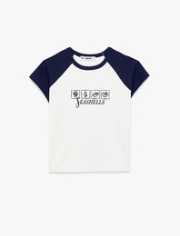 Bisiklet Yaka Kısa  Reglan Kollu Pamuklu Marin Baskılı Tişört