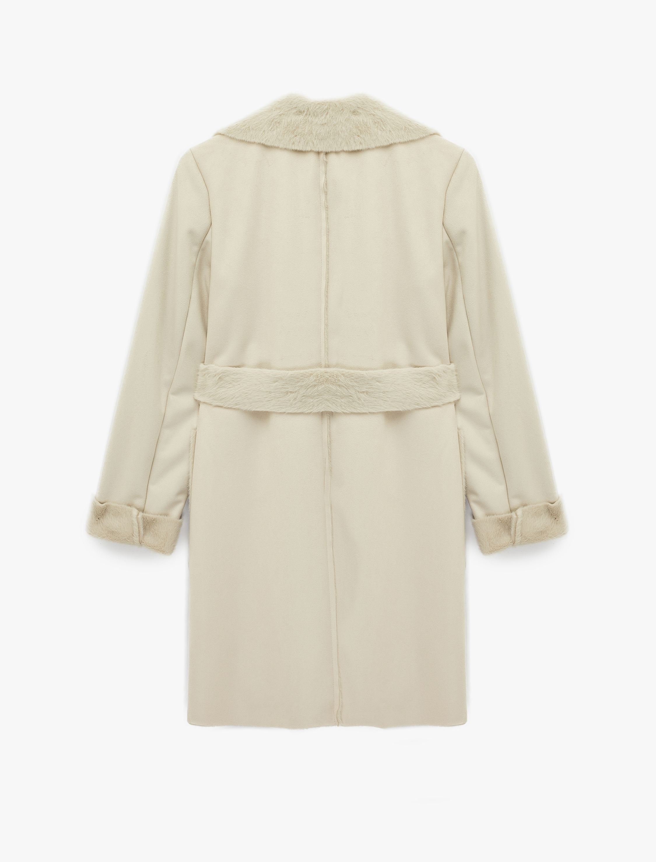   Uzun Kollu Cepli Kemerli Yakası Suni Kürklü Bonded Kaban