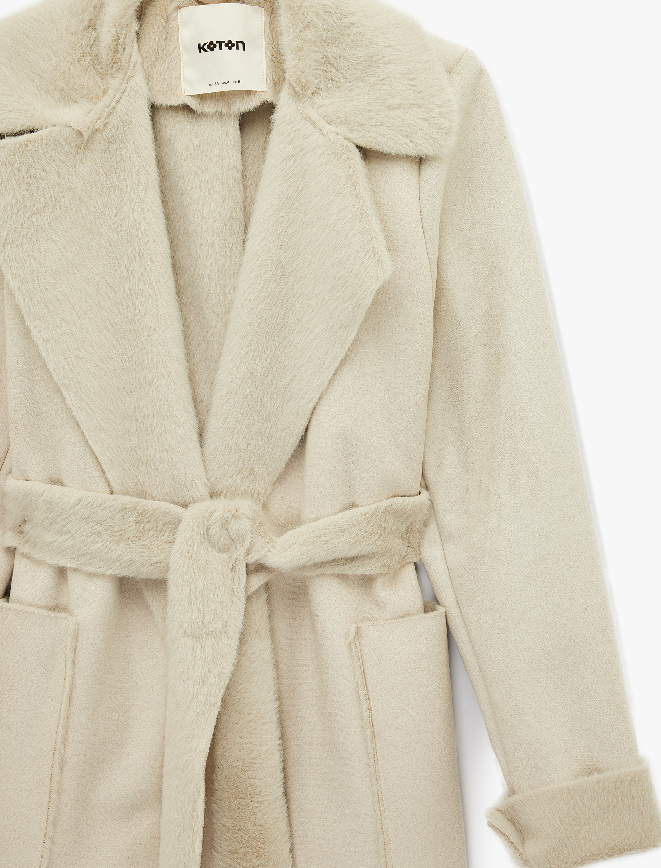   Uzun Kollu Cepli Kemerli Yakası Suni Kürklü Bonded Kaban