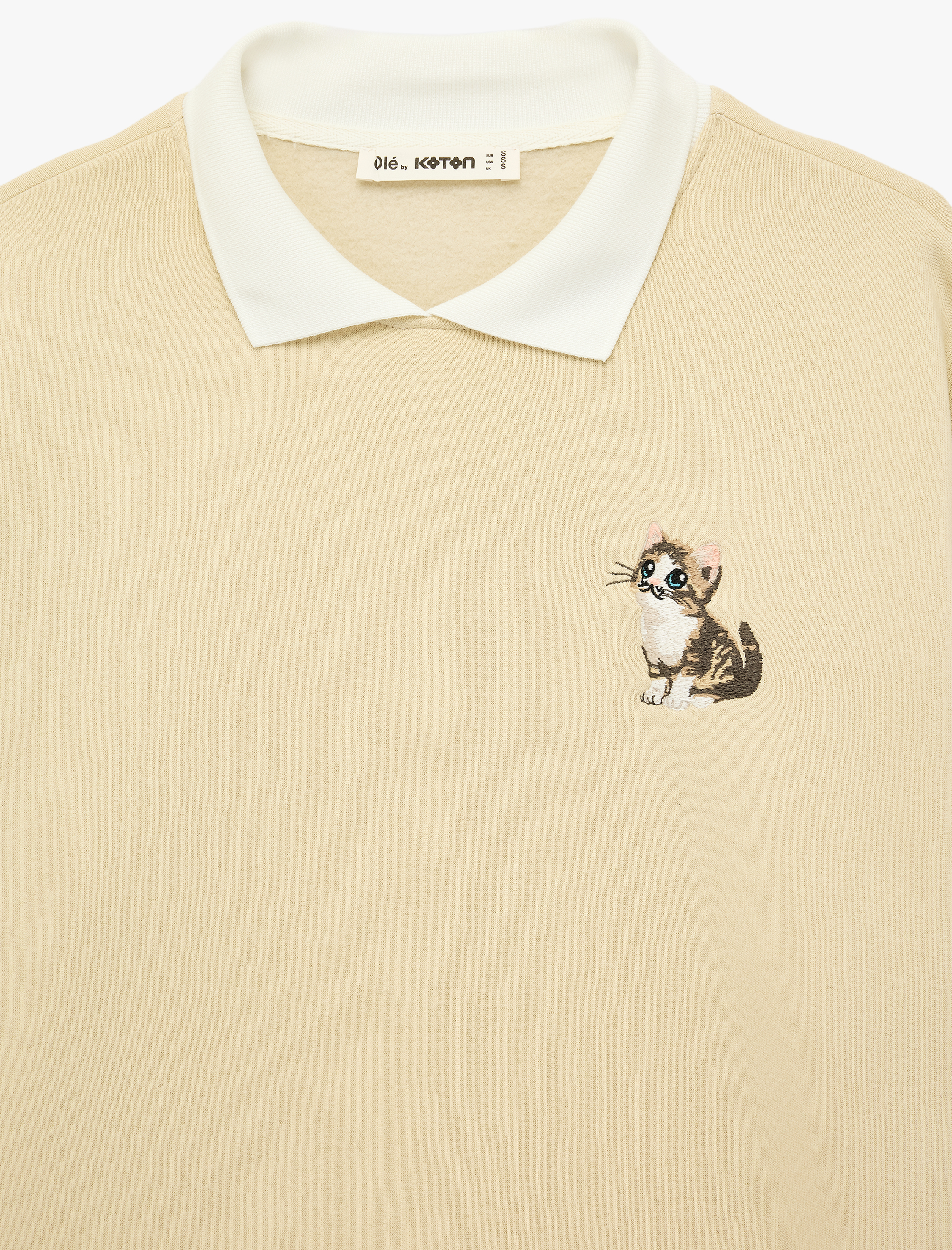   Rahat Kalıp Kedi Nakışlı Uzun Kollu Polo Yaka Sweatshirt