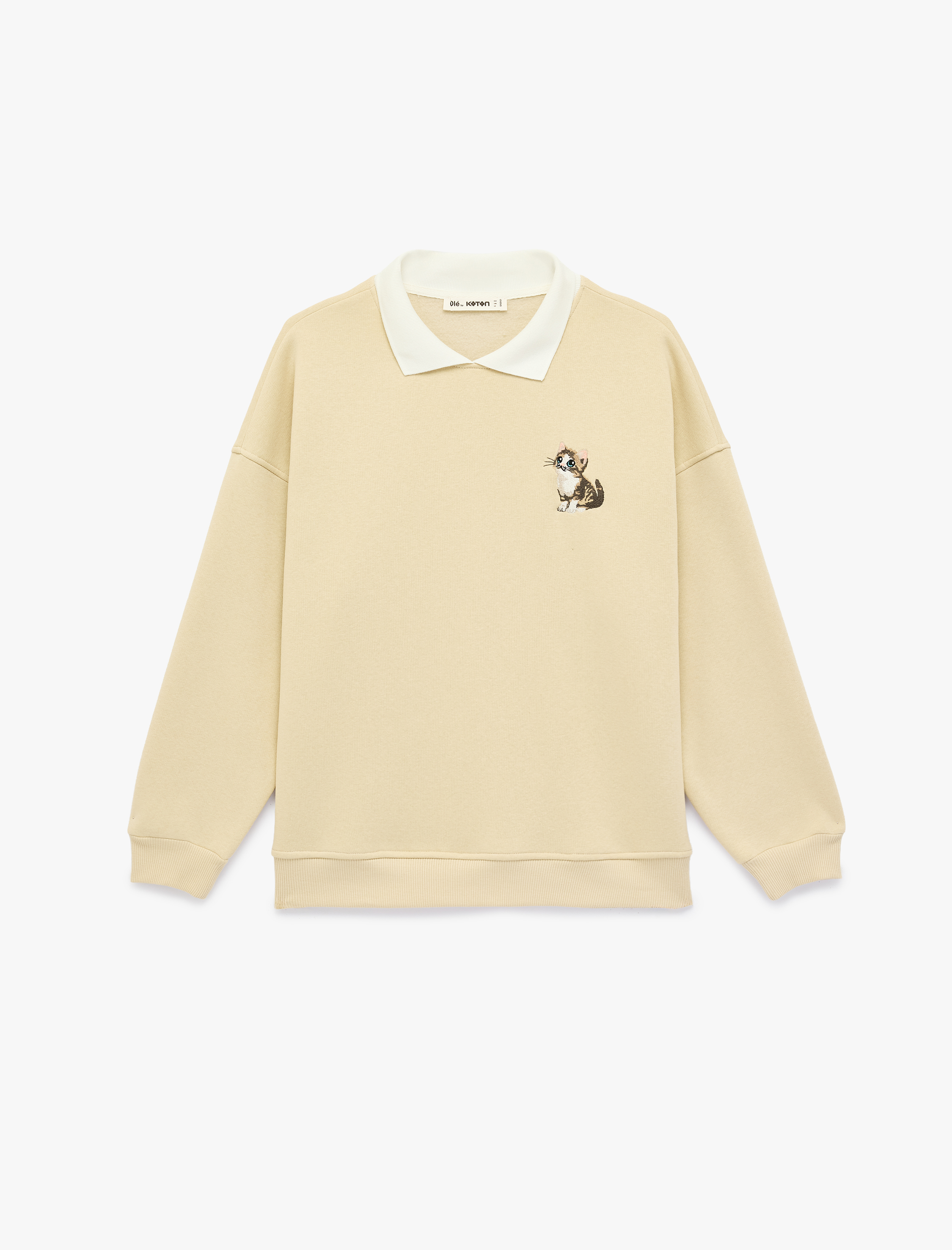   Rahat Kalıp Kedi Nakışlı Uzun Kollu Polo Yaka Sweatshirt