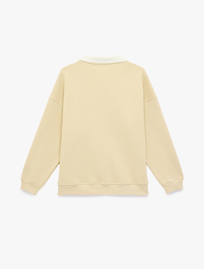  Rahat Kalıp Kedi Nakışlı Uzun Kollu Polo Yaka Sweatshirt