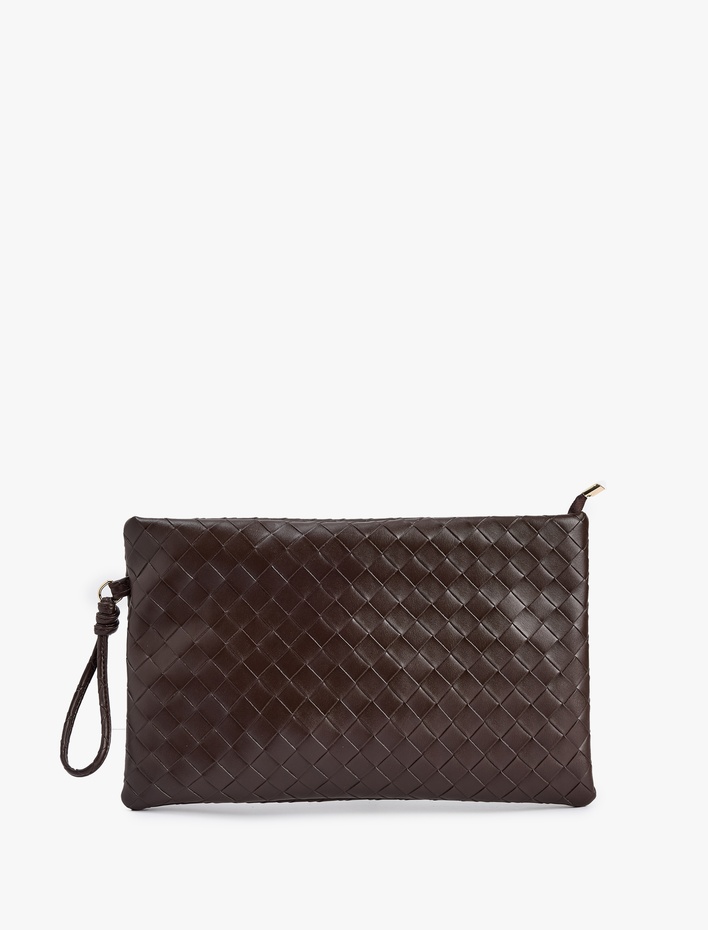 Kadın Örgü Desenli Fermuarlı Suni Deri Clutch Çanta