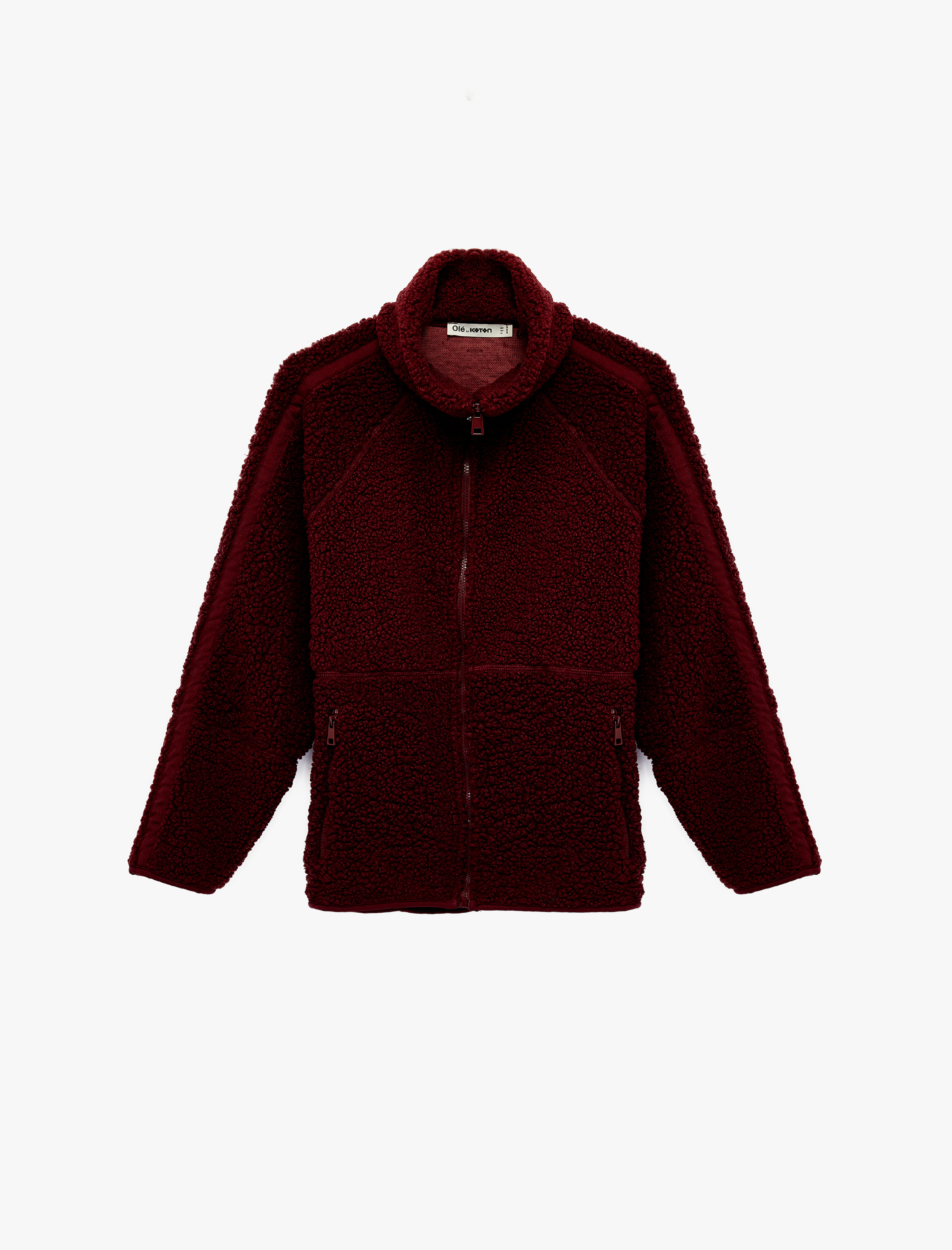   Uzun Kollu Dik Yaka Cep Detaylı Fermuarlı Oversize Peluş Ceket