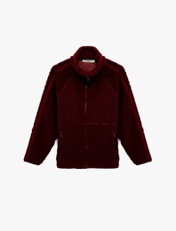 Uzun Kollu Dik Yaka Cep Detaylı Fermuarlı Oversize Peluş Ceket