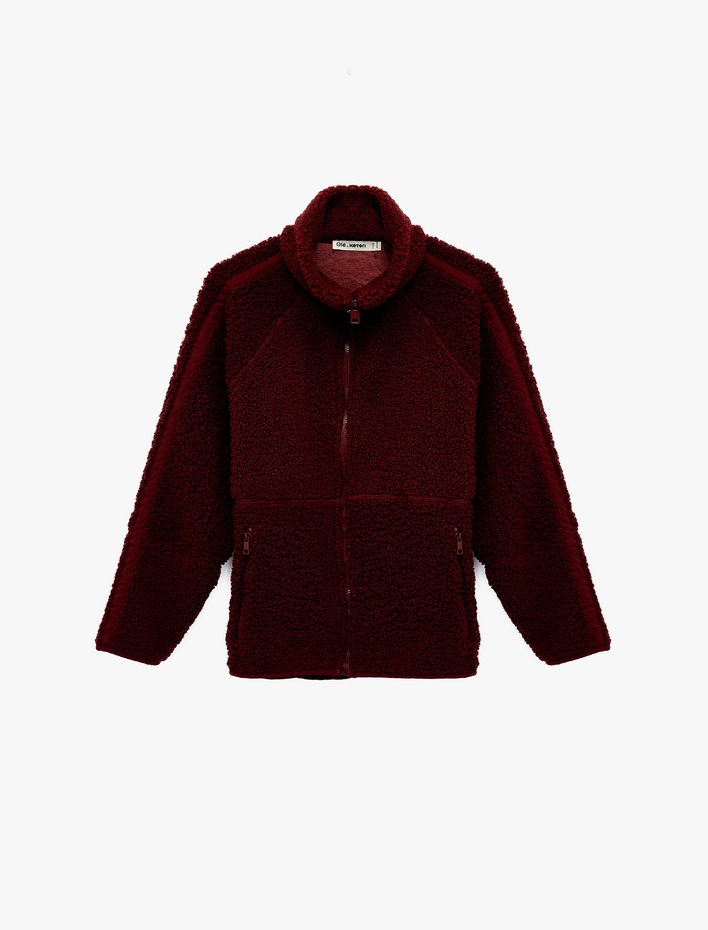  Uzun Kollu Dik Yaka Cep Detaylı Fermuarlı Oversize Peluş Ceket