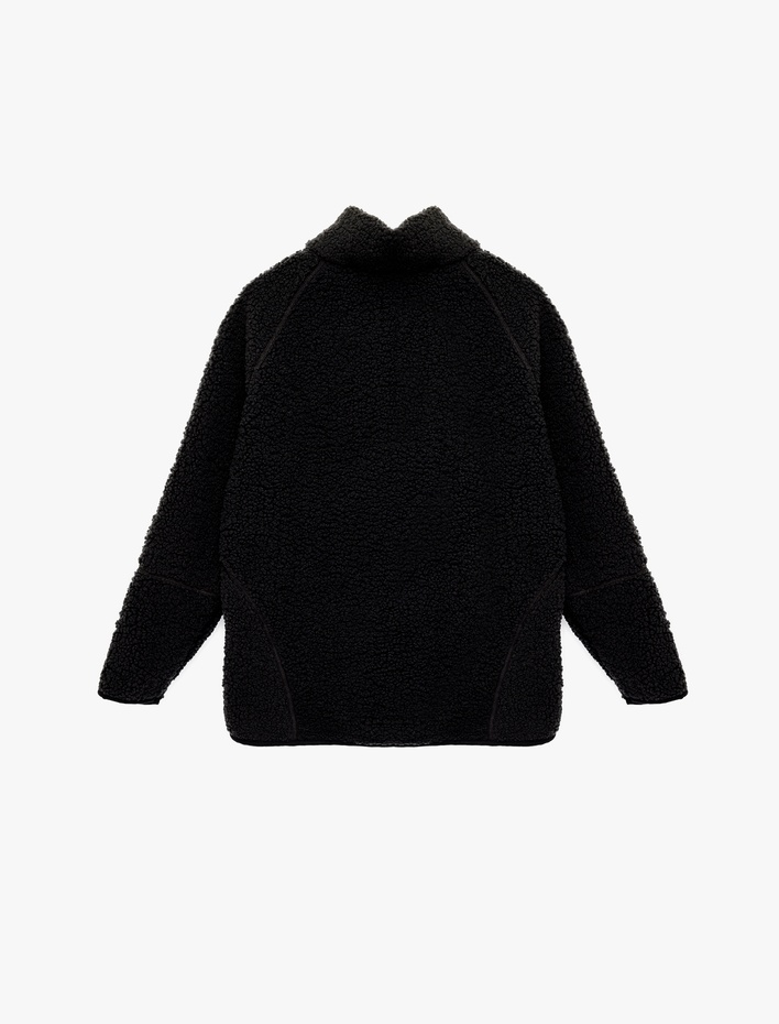  Uzun Kollu Dik Yaka Cep Detaylı Fermuarlı Oversize Peluş Ceket