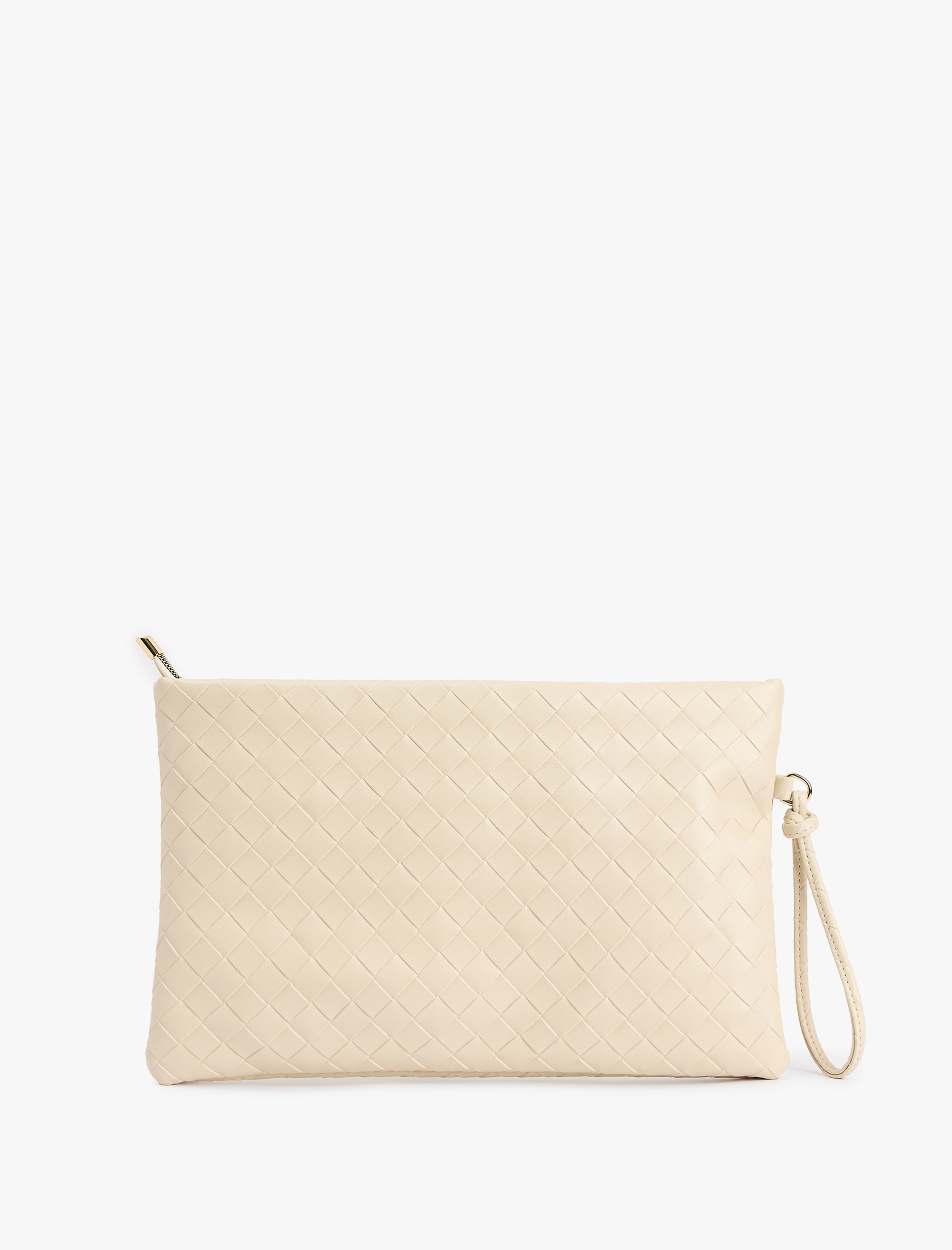  Kadın Örgü Desenli Fermuarlı Suni Deri Clutch Çanta