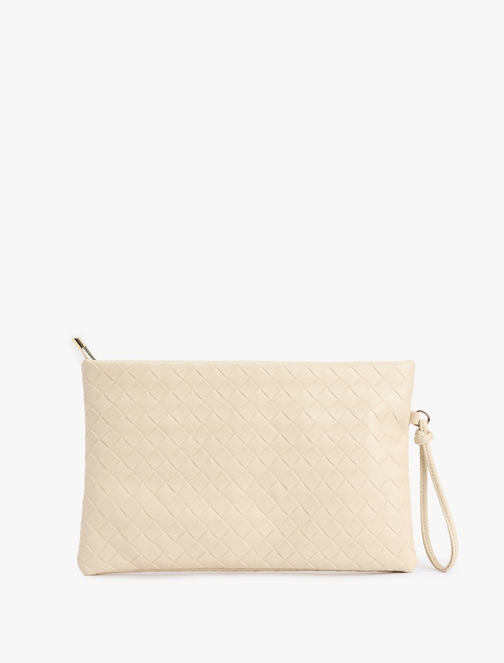 Kadın Örgü Desenli Fermuarlı Suni Deri Clutch Çanta