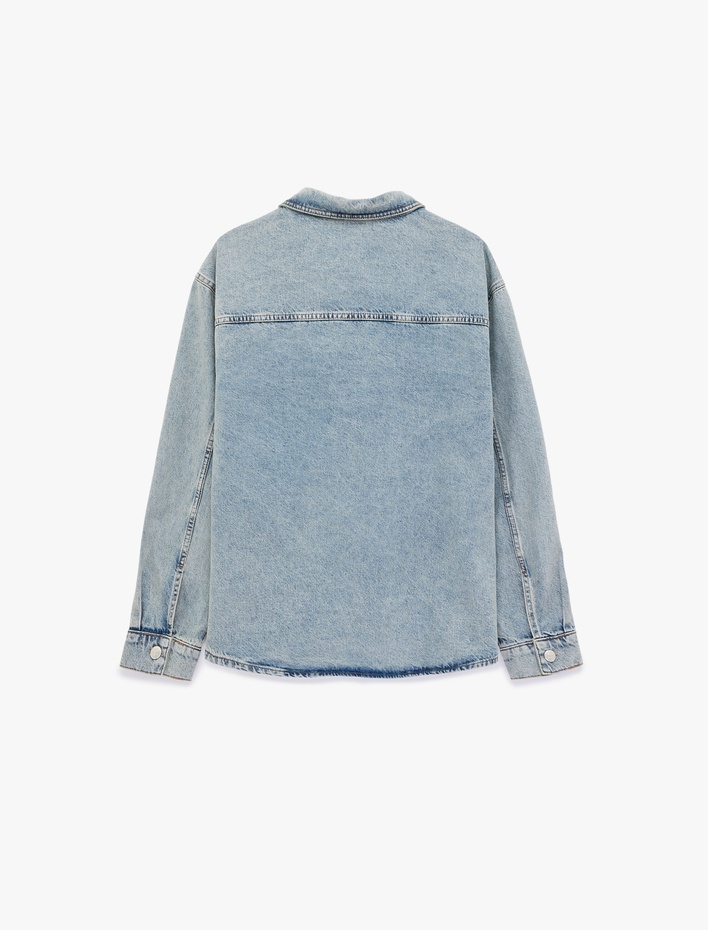  Uzun Kollu Cepli Düğmeli Gömlek Yaka Oversize Jean Ceket