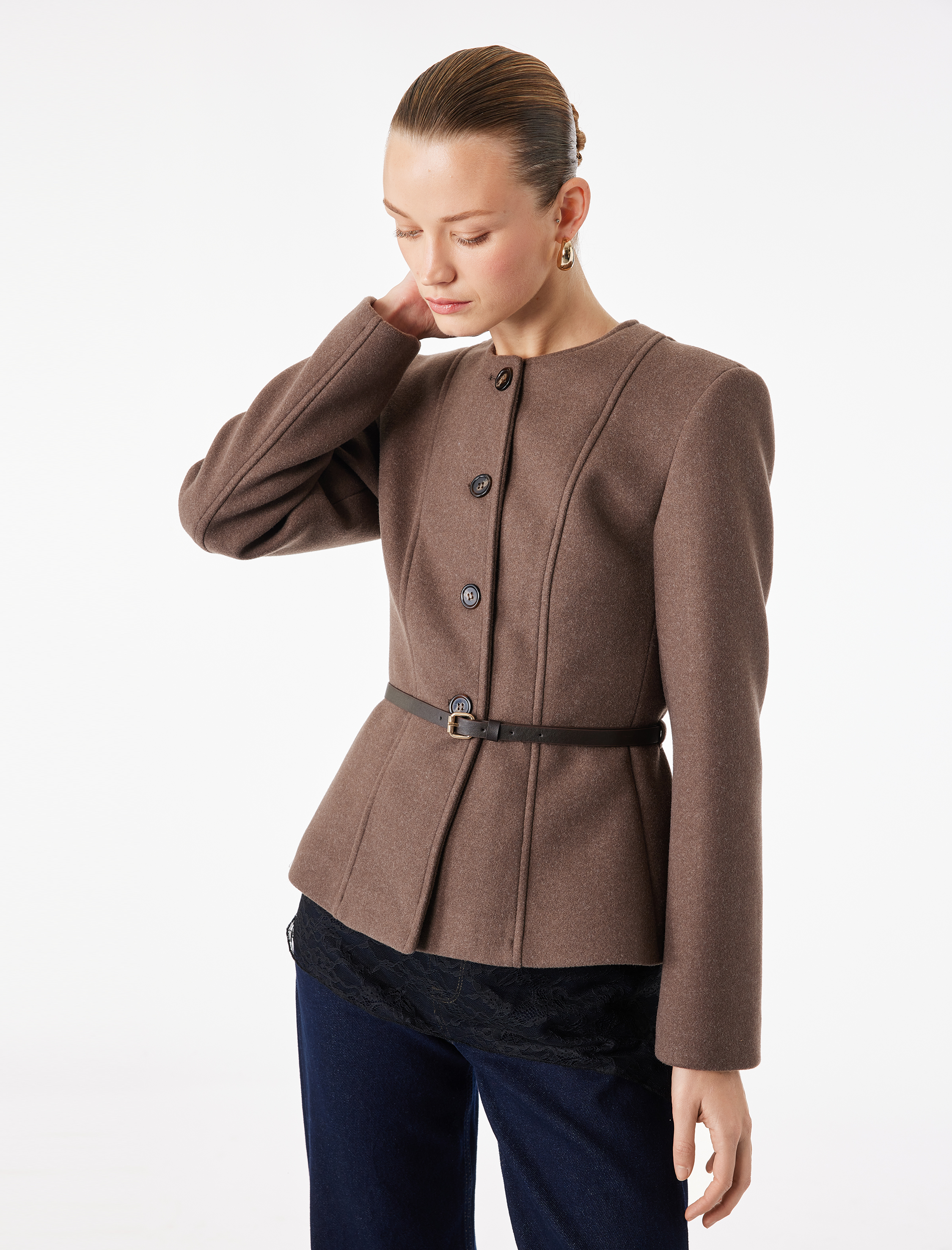   Slim Fit Düğmeli Uzun Kollu Bisiklet Yaka Kaşe Ceket