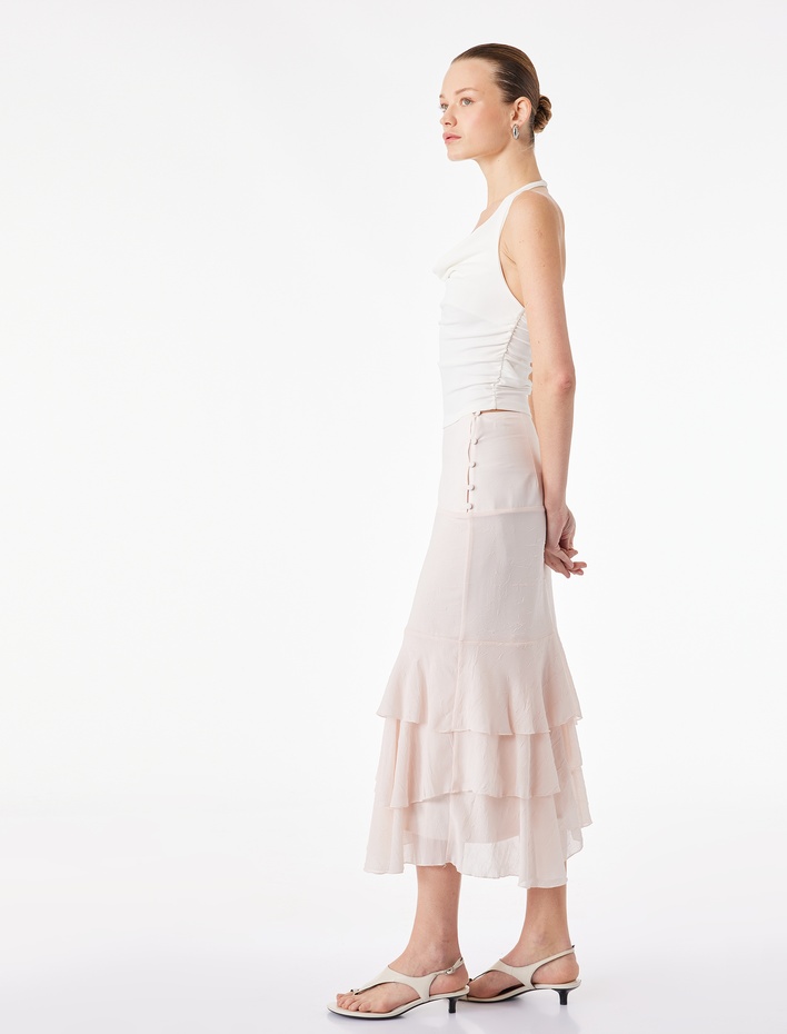  Düğme Detaylı Katmanlı Fırfırlı Şifon Midi Etek