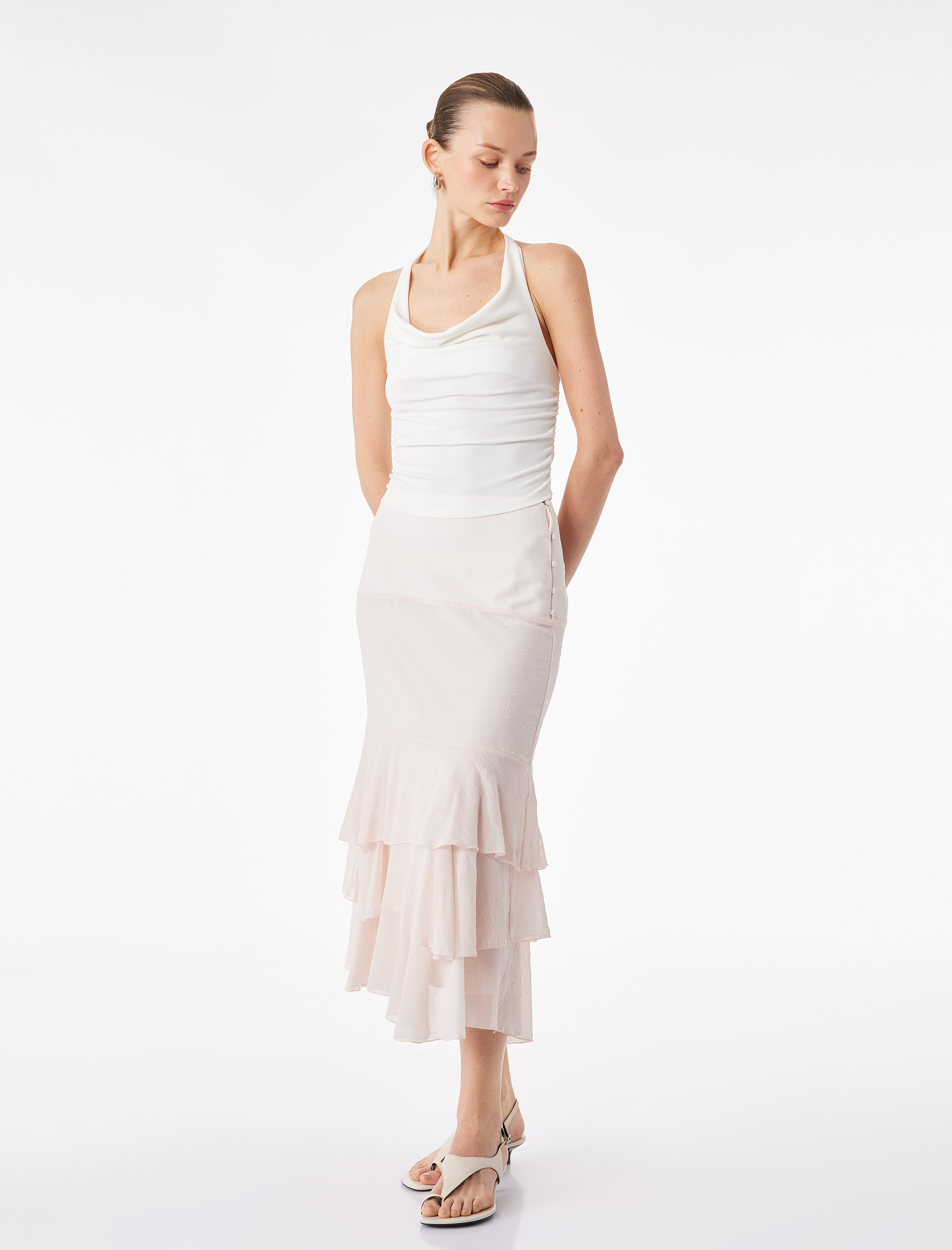   Düğme Detaylı Katmanlı Fırfırlı Şifon Midi Etek