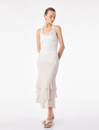 Düğme Detaylı Katmanlı Fırfırlı Şifon Midi Etek