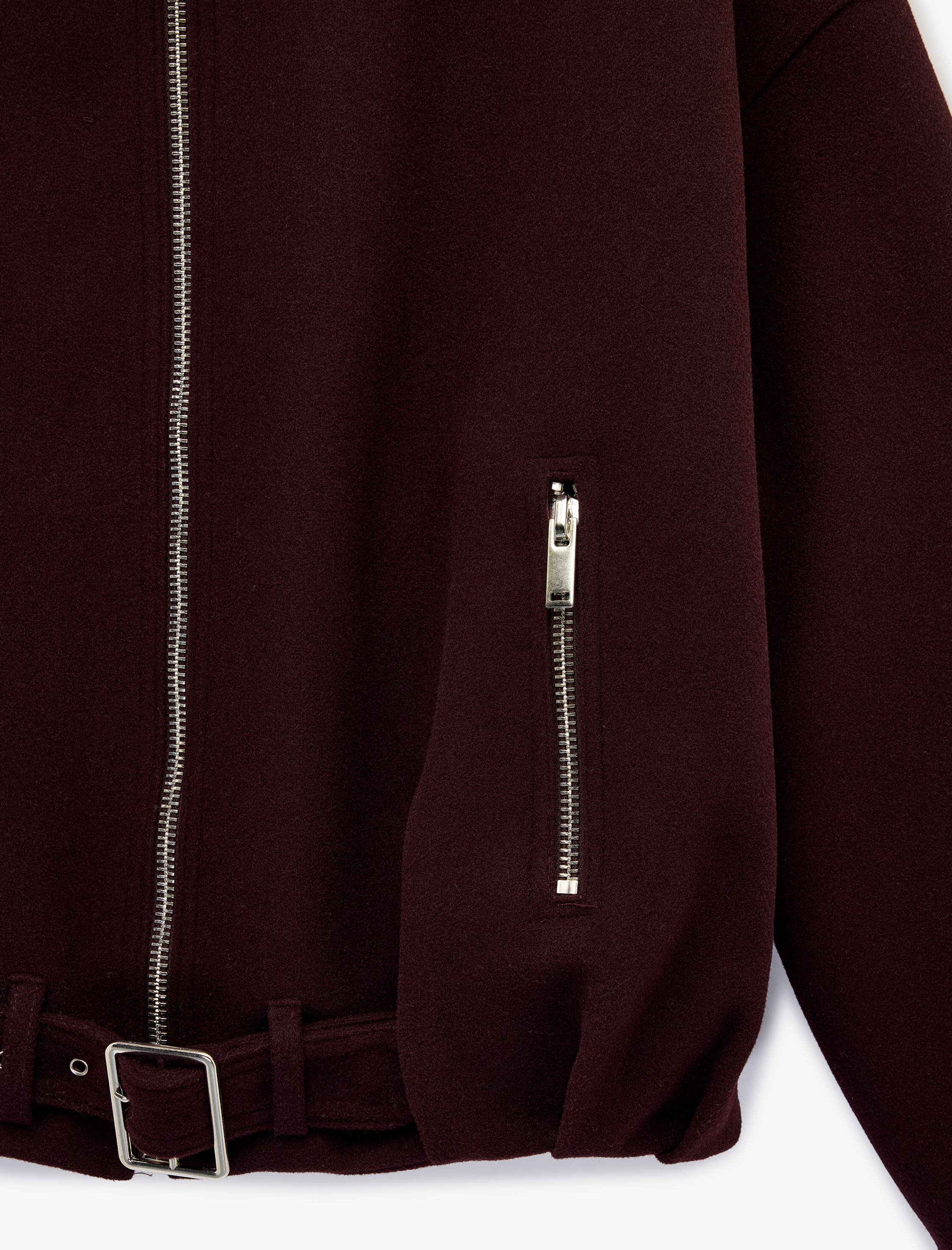   Uzun Kollu Cepli Fermuarlı Kemerli Oversize Kaşe Bomber Ceket