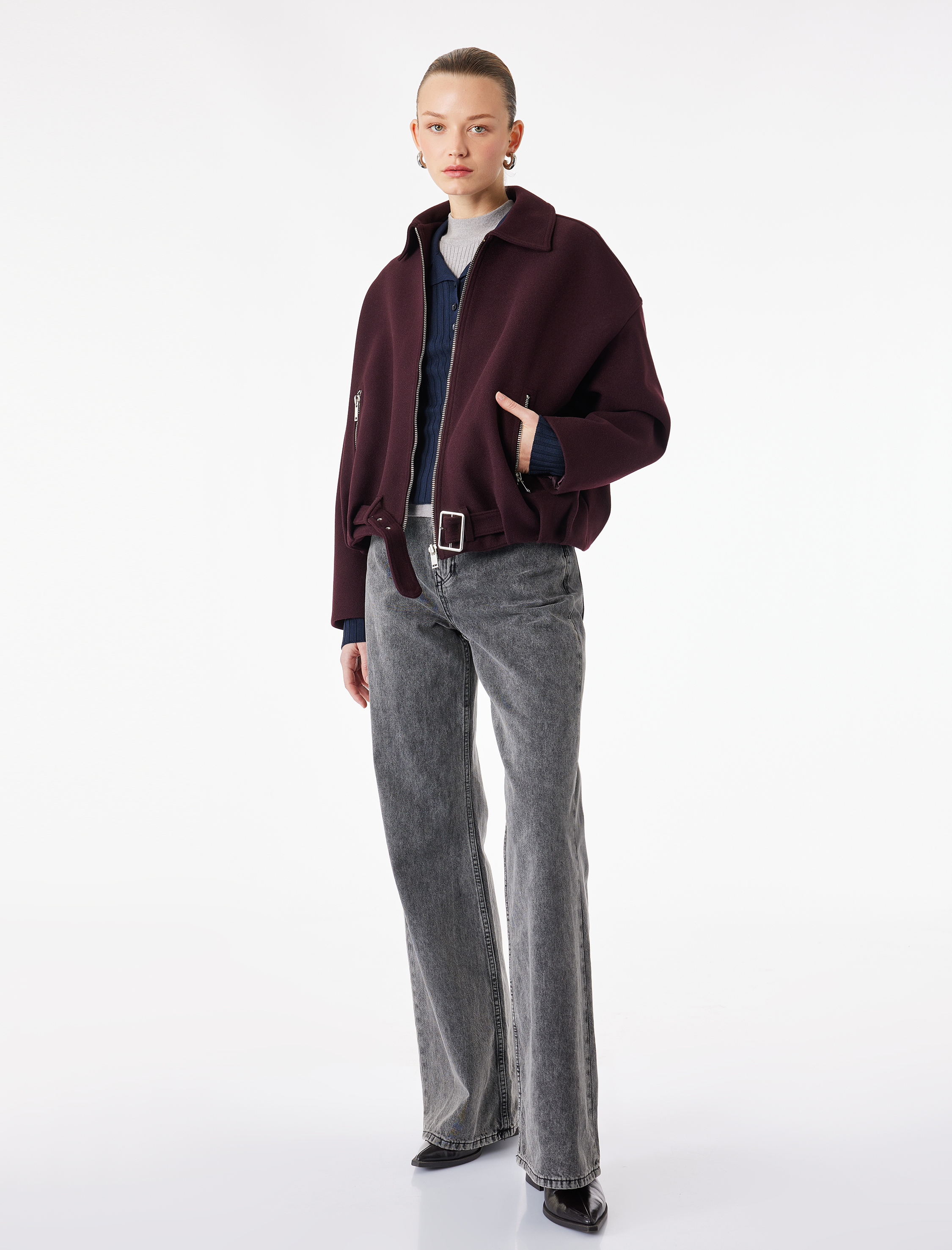   Uzun Kollu Cepli Fermuarlı Kemerli Oversize Kaşe Bomber Ceket