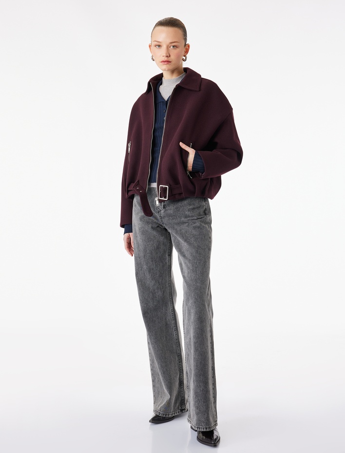  Uzun Kollu Cepli Fermuarlı Kemerli Oversize Kaşe Bomber Ceket