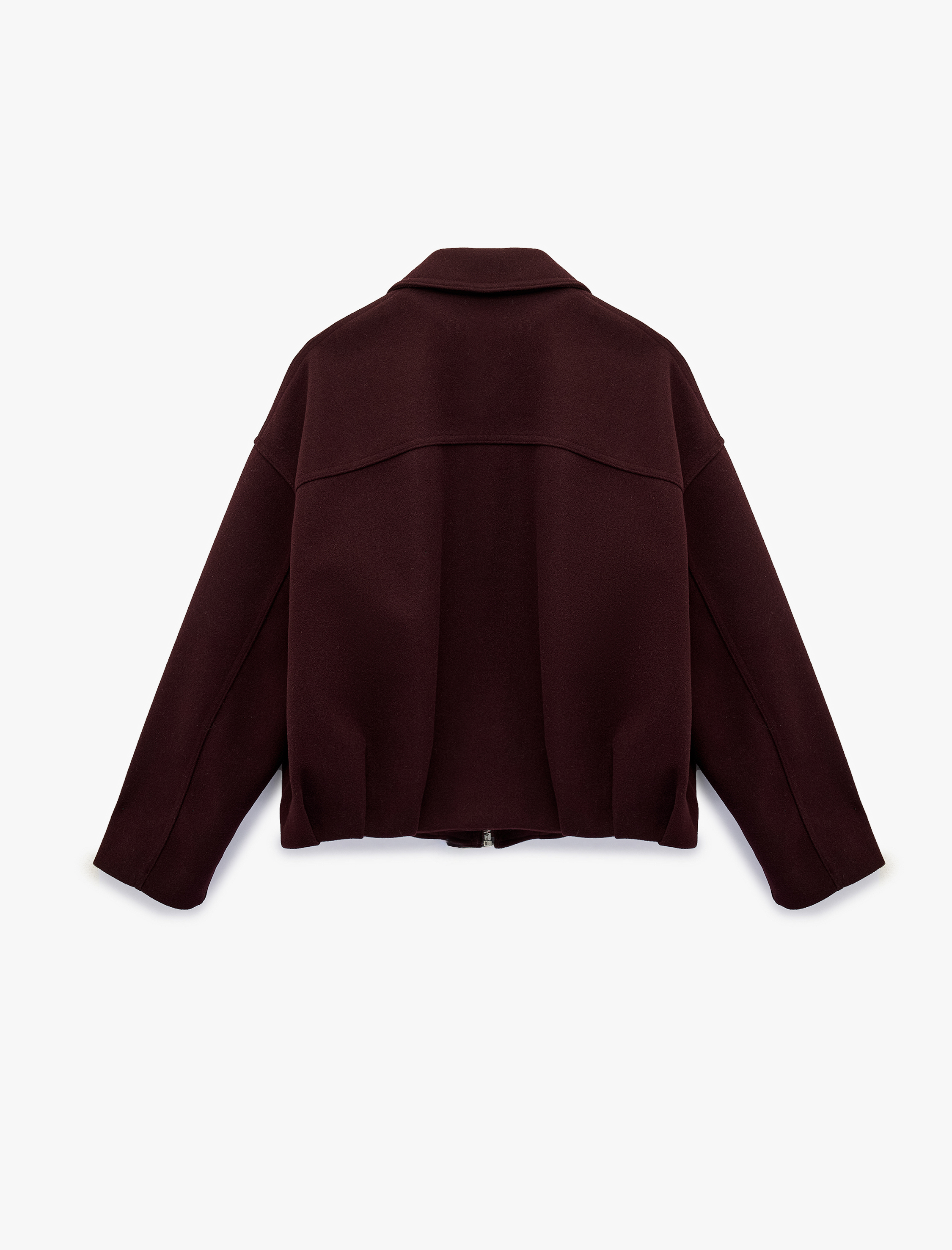   Uzun Kollu Cepli Fermuarlı Kemerli Oversize Kaşe Bomber Ceket