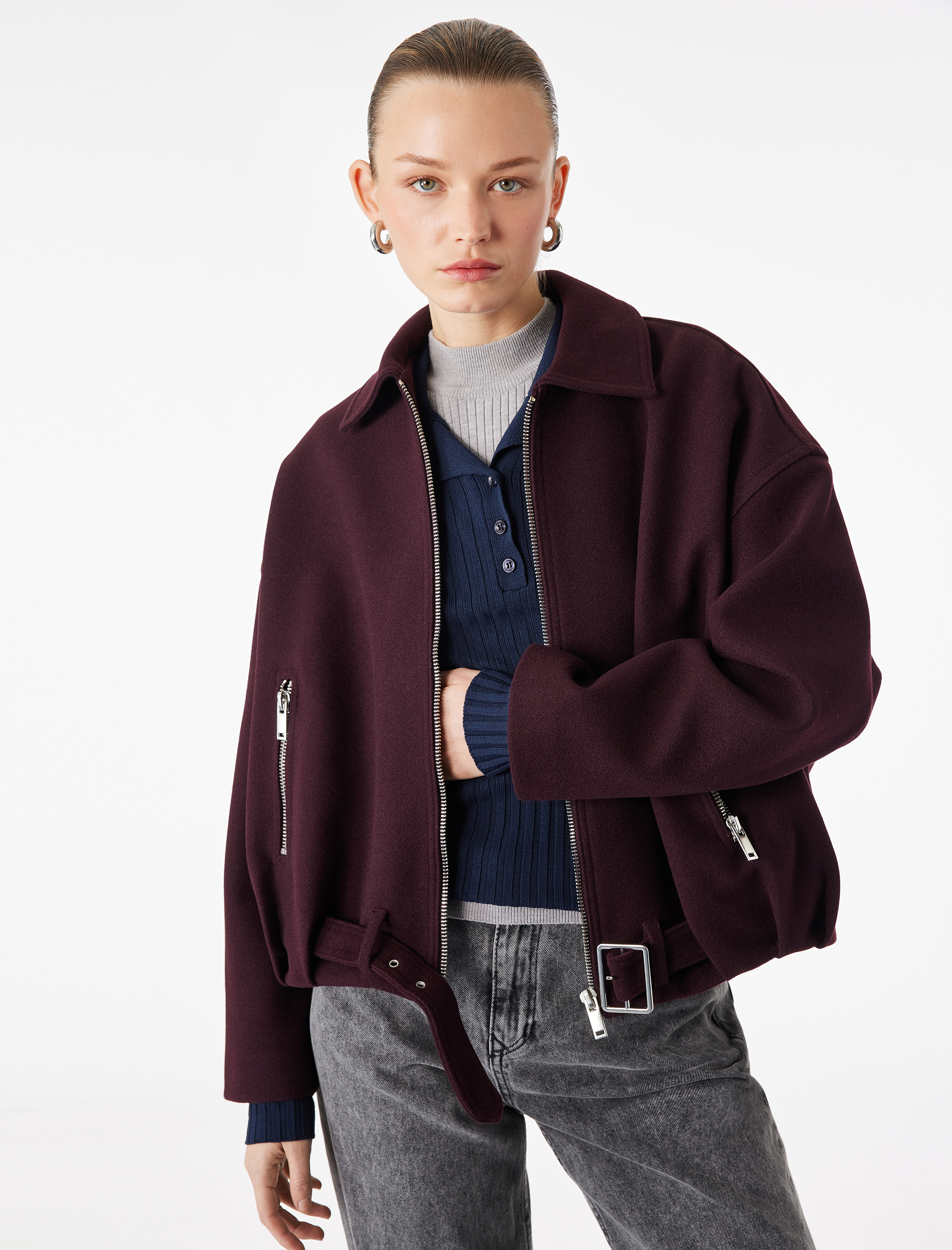   Uzun Kollu Cepli Fermuarlı Kemerli Oversize Kaşe Bomber Ceket