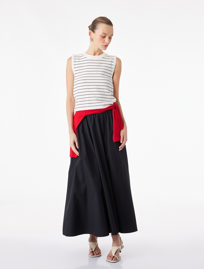  Pamuklu Beli Lastikli Çan Kesim Poplin Midi Etek