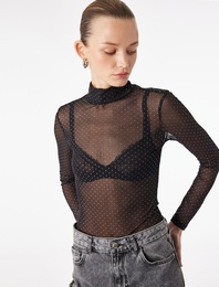 Transparan Uzun Kollu Dik Yaka Tül Taşlı Bluz