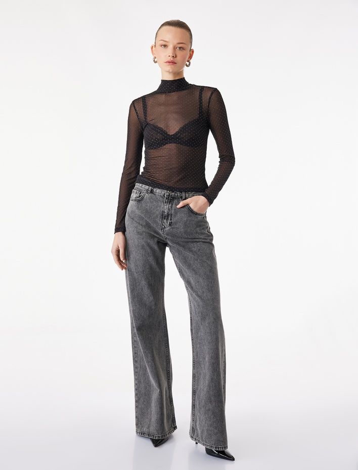  Transparan Uzun Kollu Dik Yaka Tül Taşlı Bluz