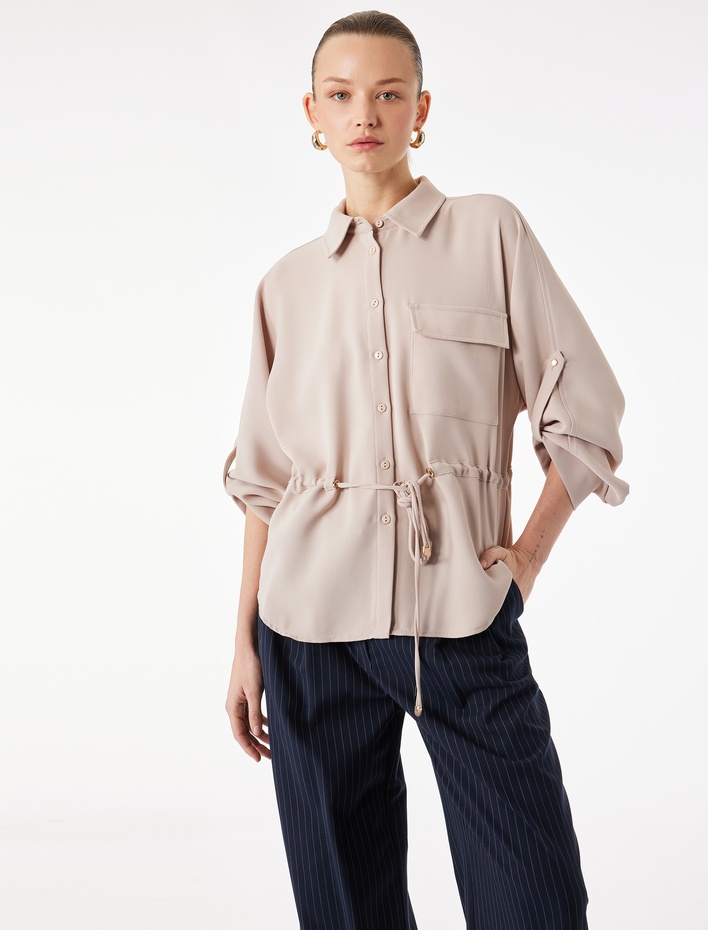 Uzun Kollu Klasik Yaka Beli Bağcıklı Cepli Gömlek