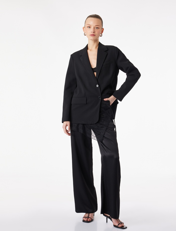  Bol Paça Dantel Detaylı Saten Pantolon