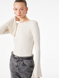 Slim Fit Bisiklet Yaka Uzun İspanyol Kollu Fitilli Bluz