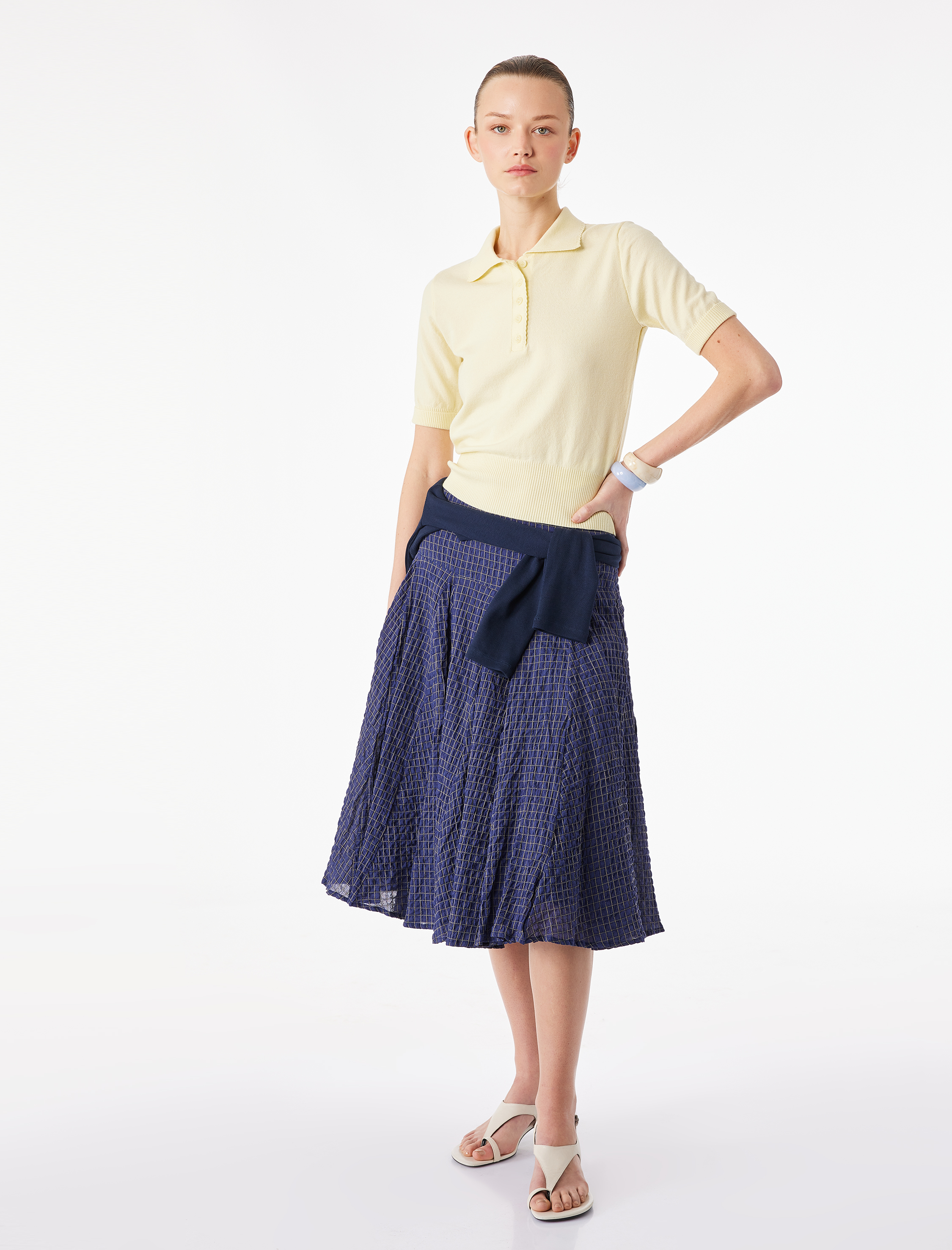   Rahat Kalıp Pamuklu Kareli Pileli Midi Etek