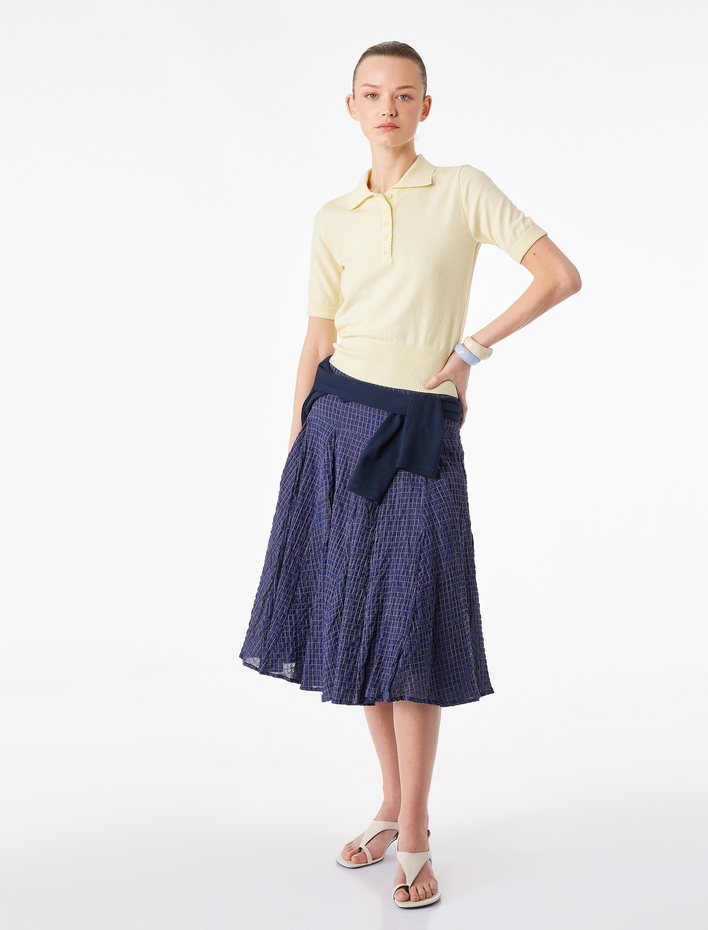  Rahat Kalıp Pamuklu Kareli Pileli Midi Etek