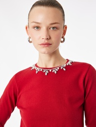 Uzun Kollu Bisiklet Yaka Taş Detaylı Triko Kazak