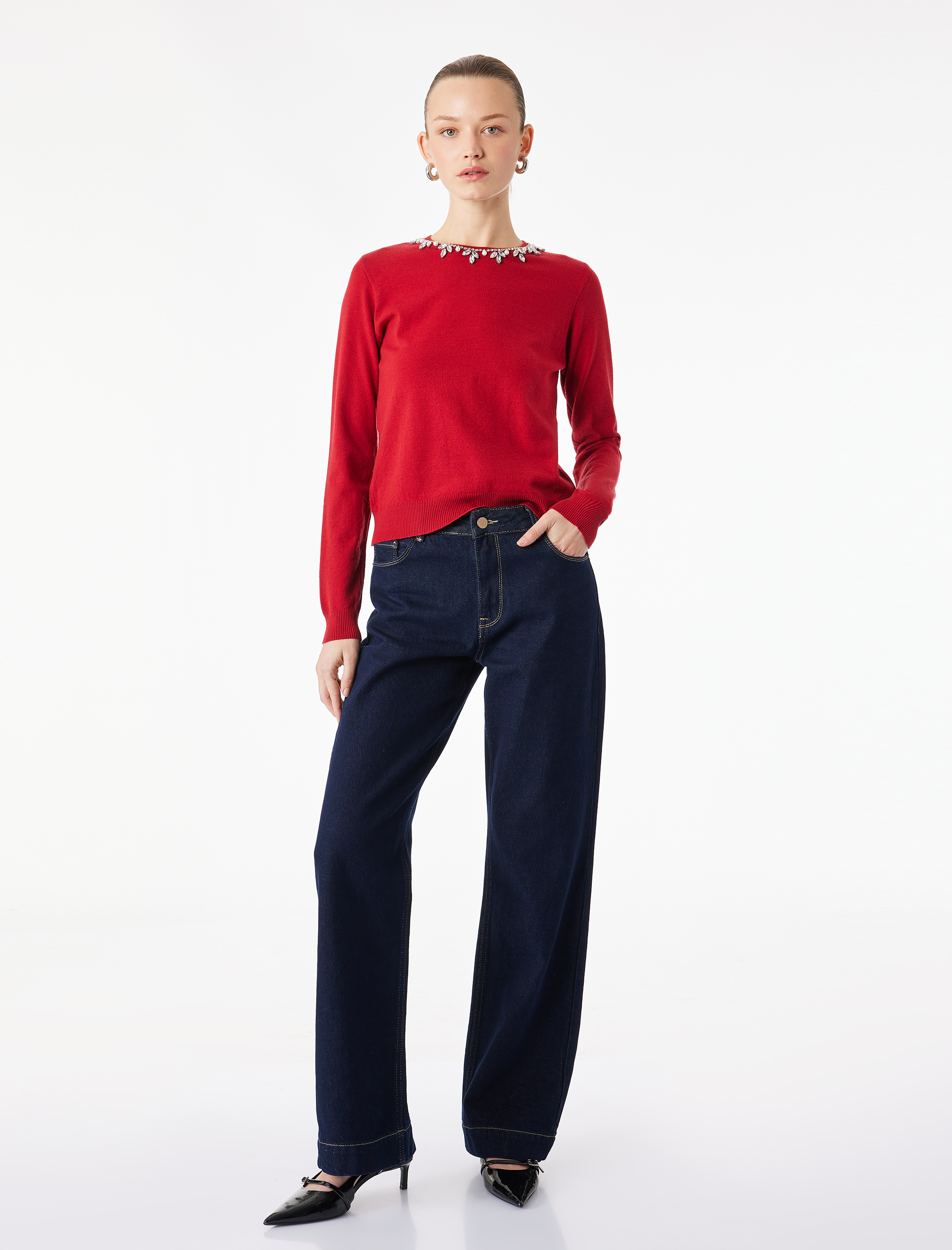   Uzun Kollu Bisiklet Yaka Taş Detaylı Triko Kazak