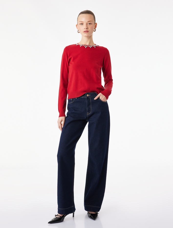  Uzun Kollu Bisiklet Yaka Taş Detaylı Triko Kazak