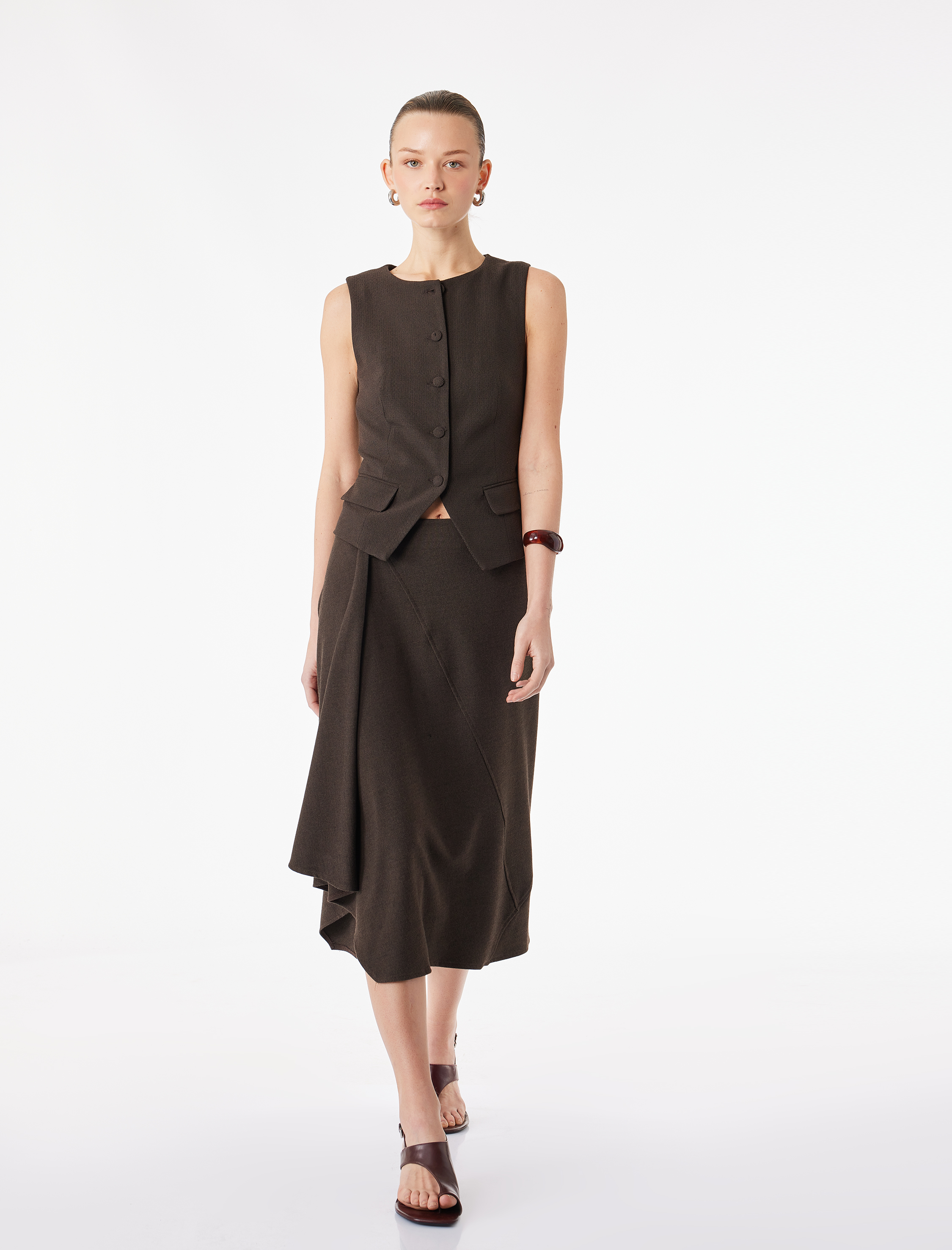   Rahat Kalıp Asimetrik Kesim Midi Etek