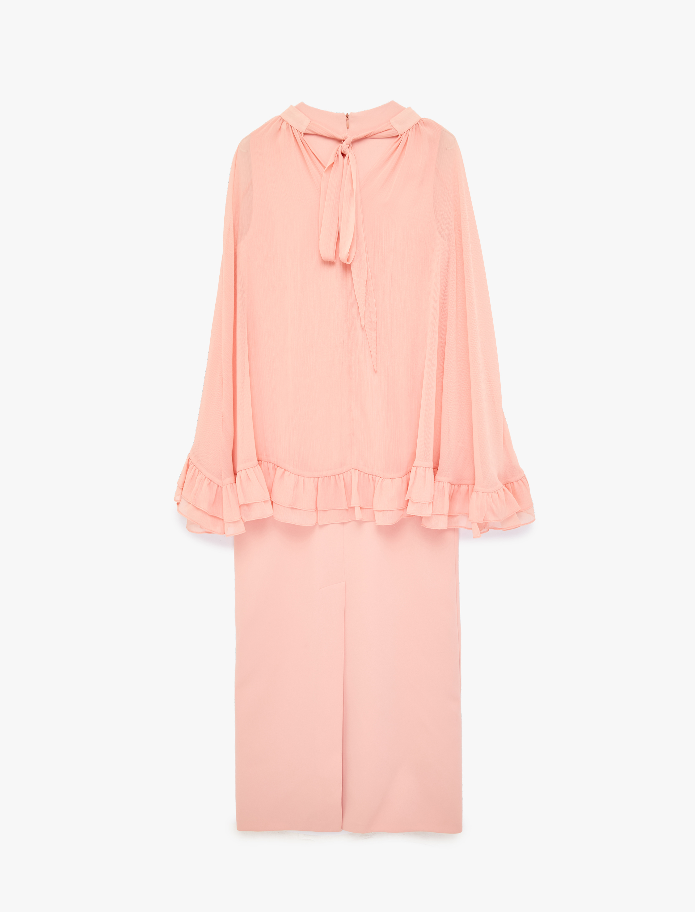   Rahat Kalıp Kısa Kollu Fırfır Detaylı Bisiklet Yaka Saten Uzun Elbise