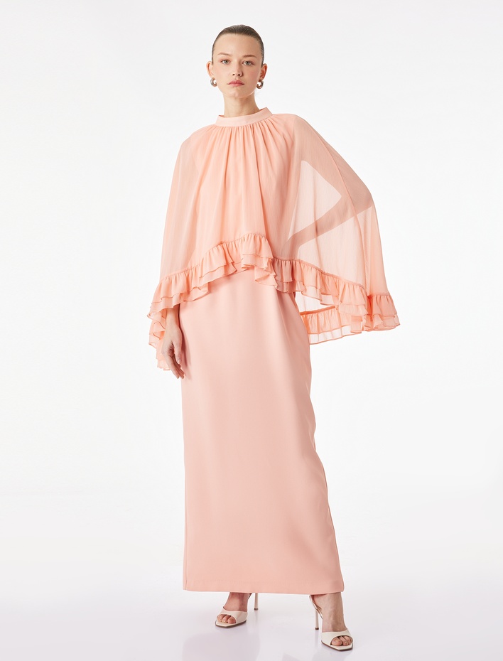  Rahat Kalıp Kısa Kollu Fırfır Detaylı Bisiklet Yaka Saten Uzun Elbise