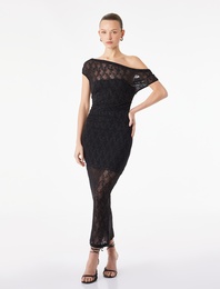 Slim Fit Kayık Yaka Bodycon Dantelli Taşlı Midi Abiye Elbise