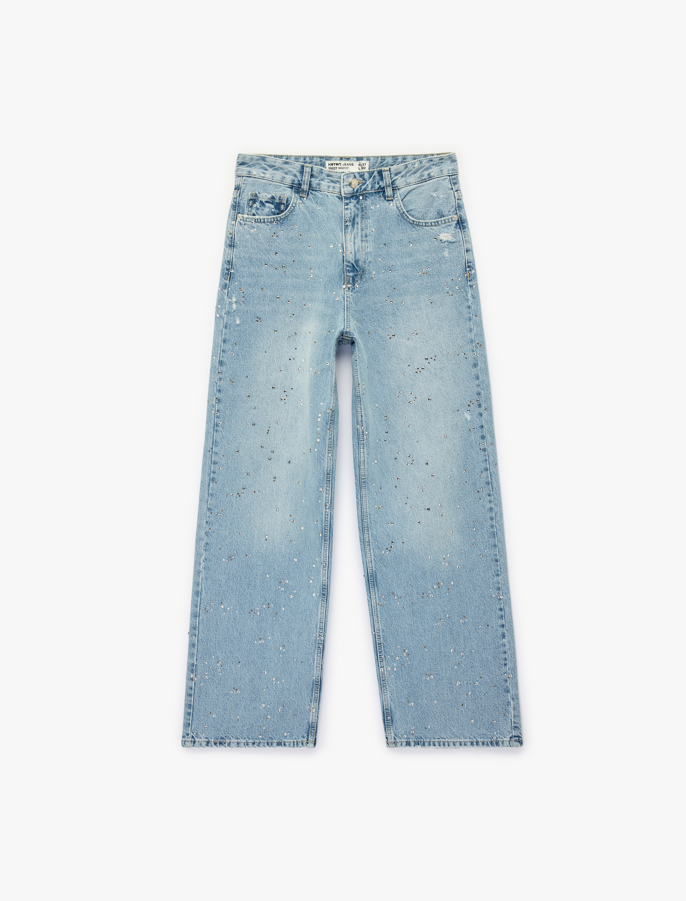   Rahat Kalıp Düğmeli Cepli Taşlı Denim Pantolon - Baggy Jeans