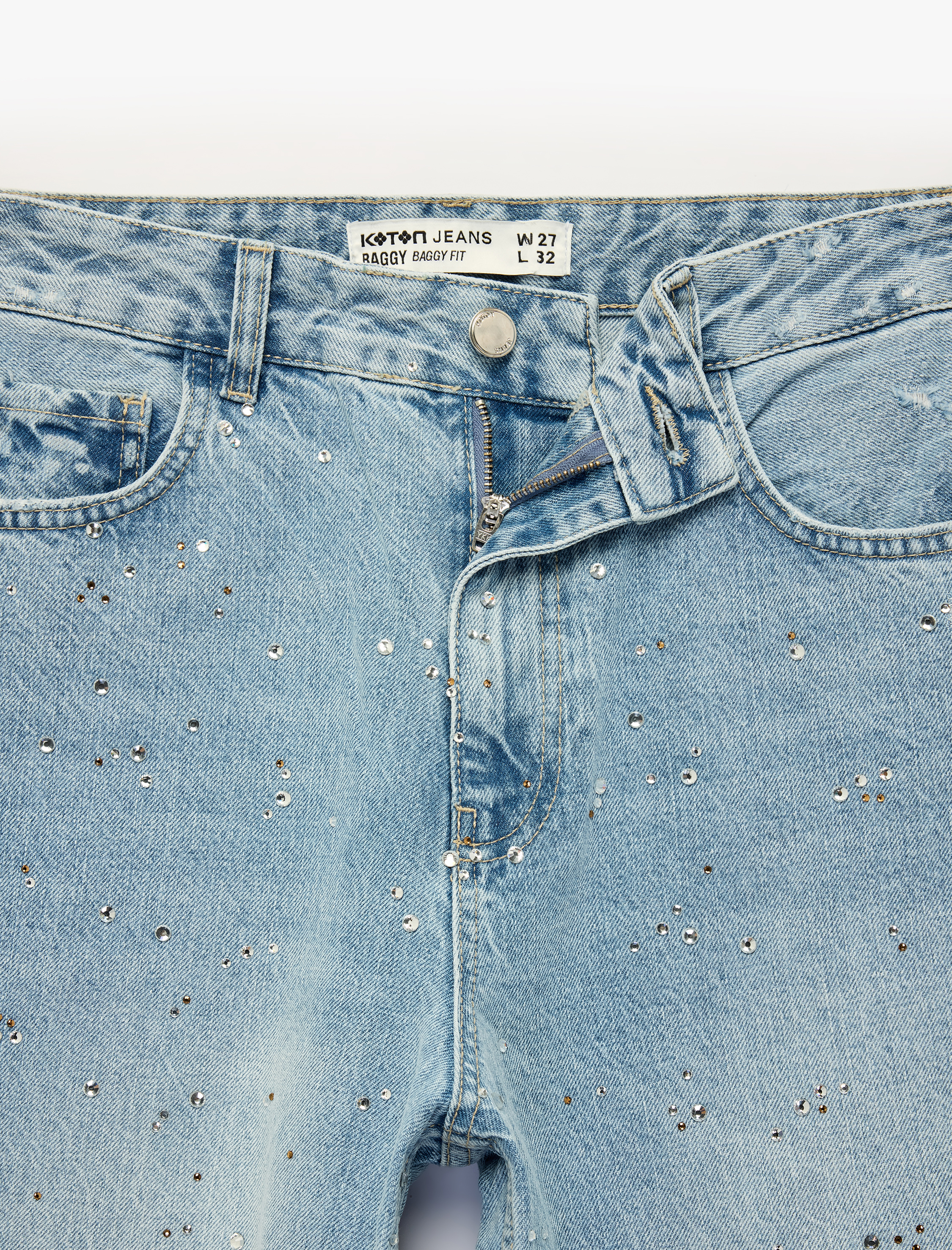   Rahat Kalıp Düğmeli Cepli Taşlı Denim Pantolon - Baggy Jeans