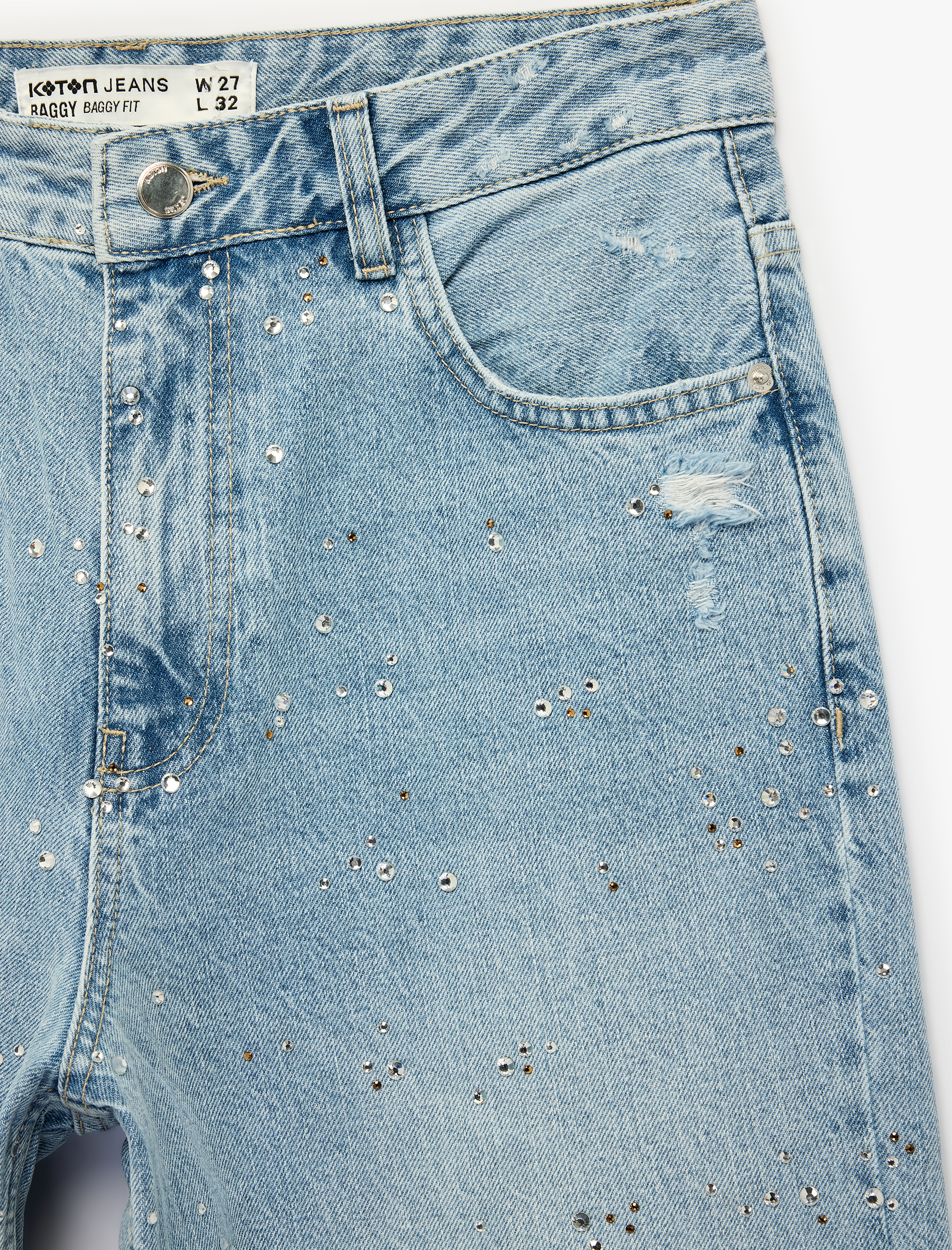   Rahat Kalıp Düğmeli Cepli Taşlı Denim Pantolon - Baggy Jeans