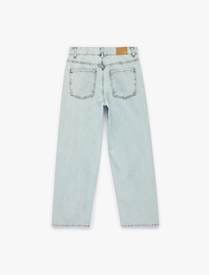  Normal Bel Düz Paça Düğmeli Cepli Taşlı Denim Pantolon - Straight Jeans