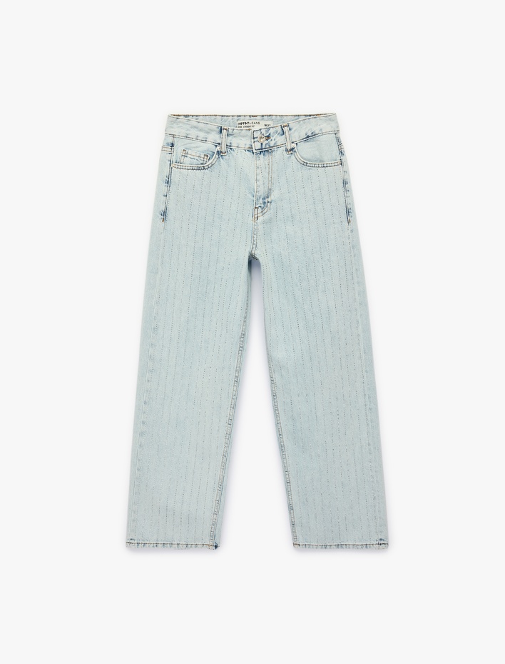  Normal Bel Düz Paça Düğmeli Cepli Taşlı Denim Pantolon - Straight Jeans