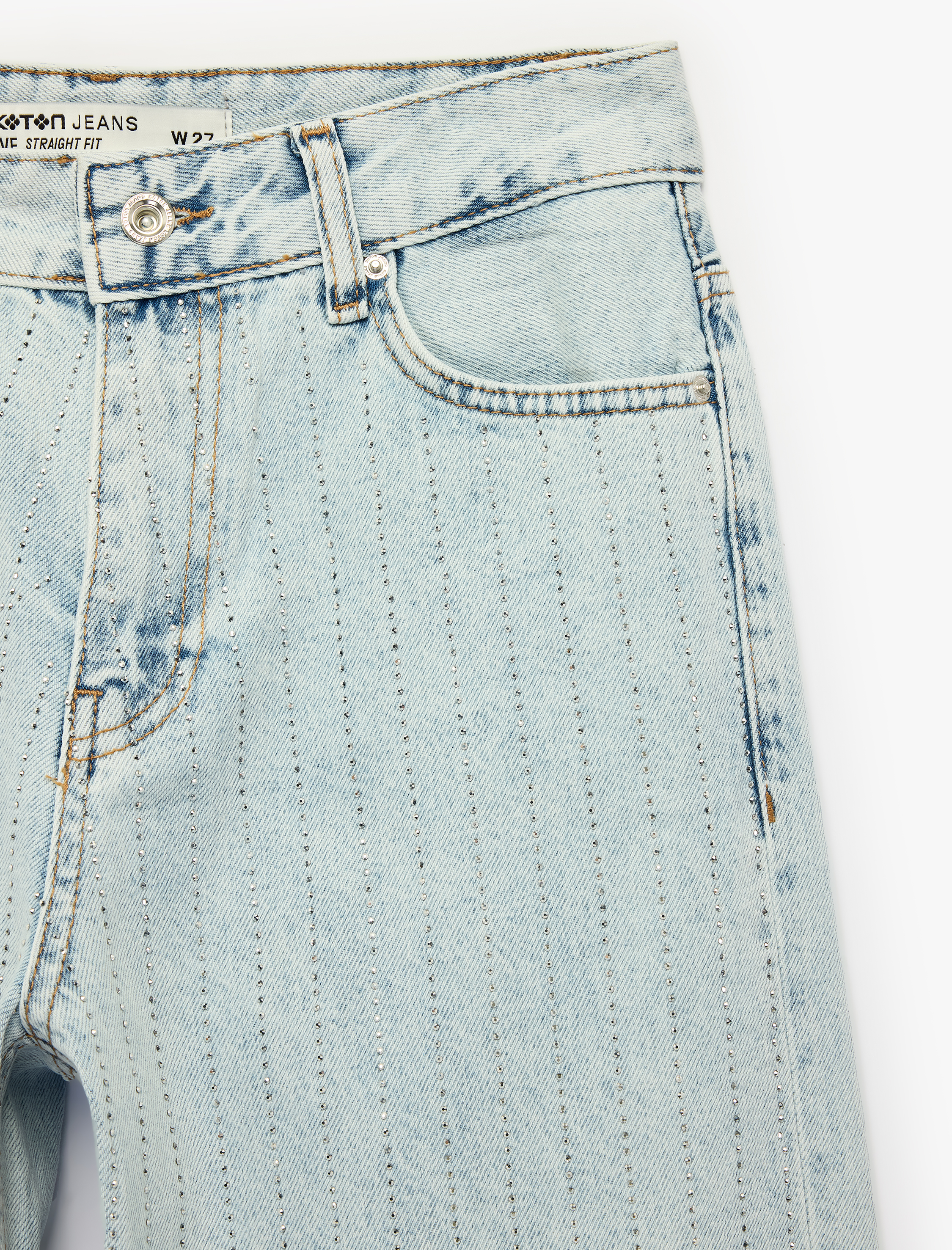   Normal Bel Düz Paça Düğmeli Cepli Taşlı Denim Pantolon - Straight Jeans