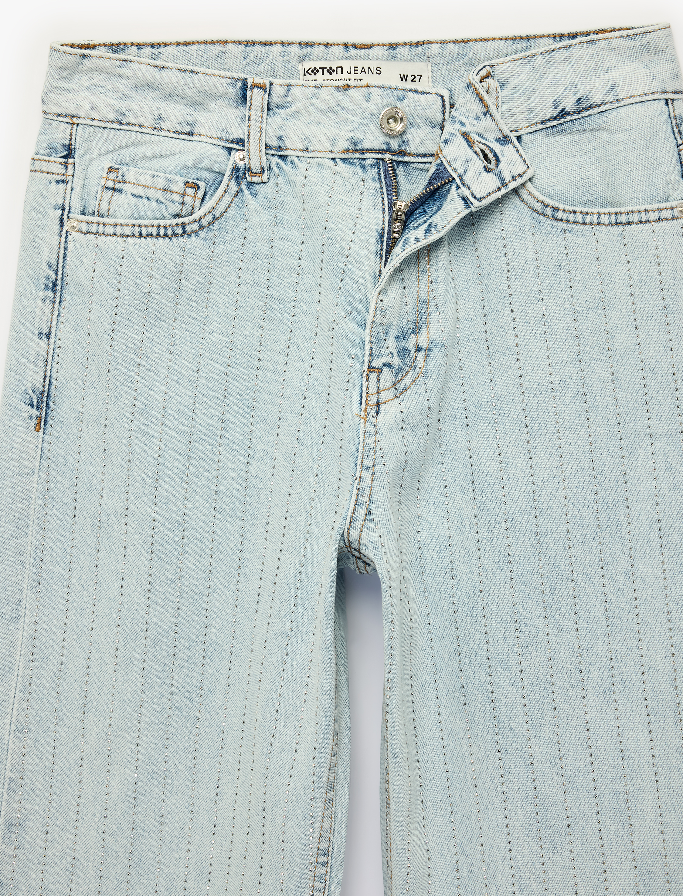   Normal Bel Düz Paça Düğmeli Cepli Taşlı Denim Pantolon - Straight Jeans