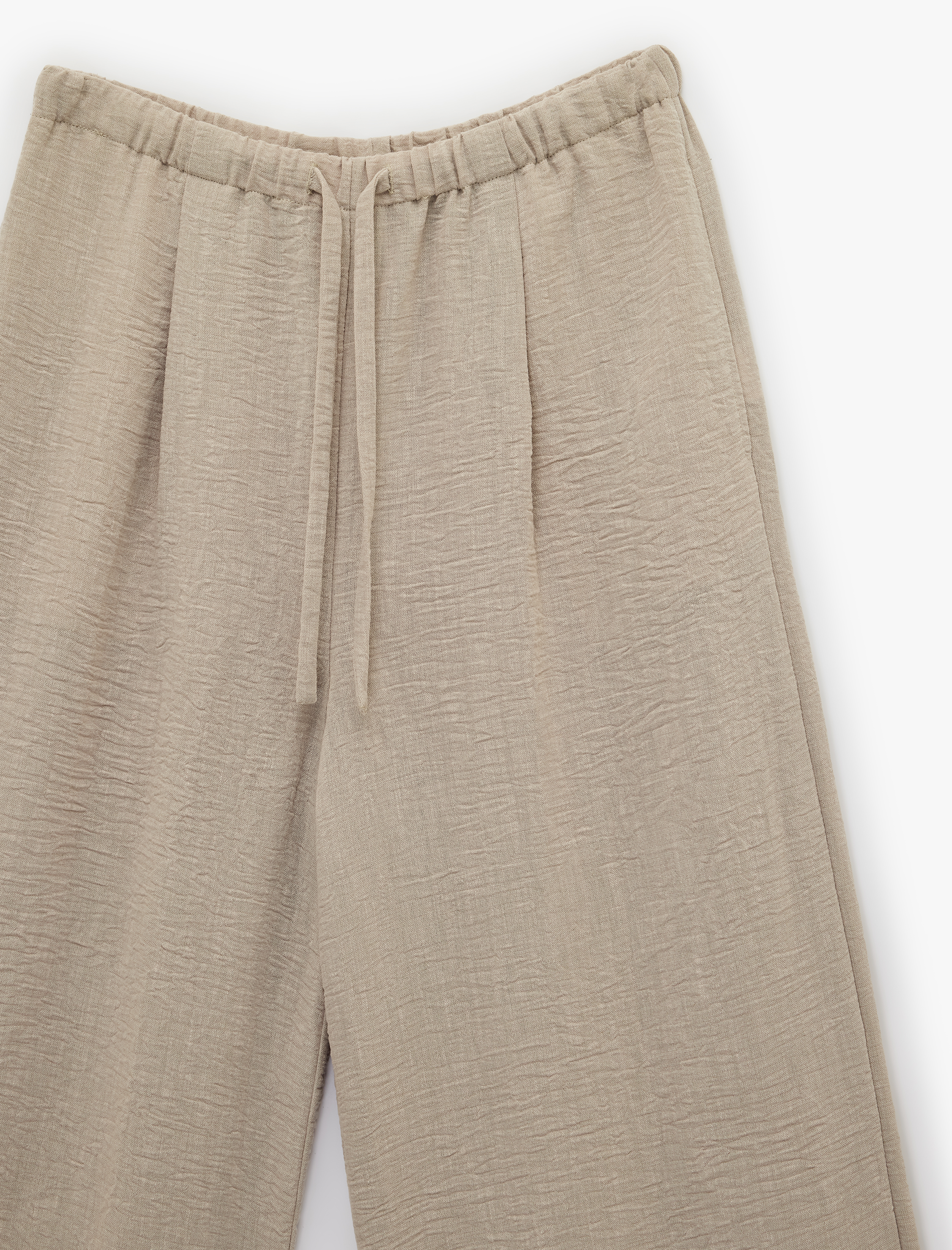   Keten Görünümlü Beli Bağcıklı Geniş Paça Pantolon