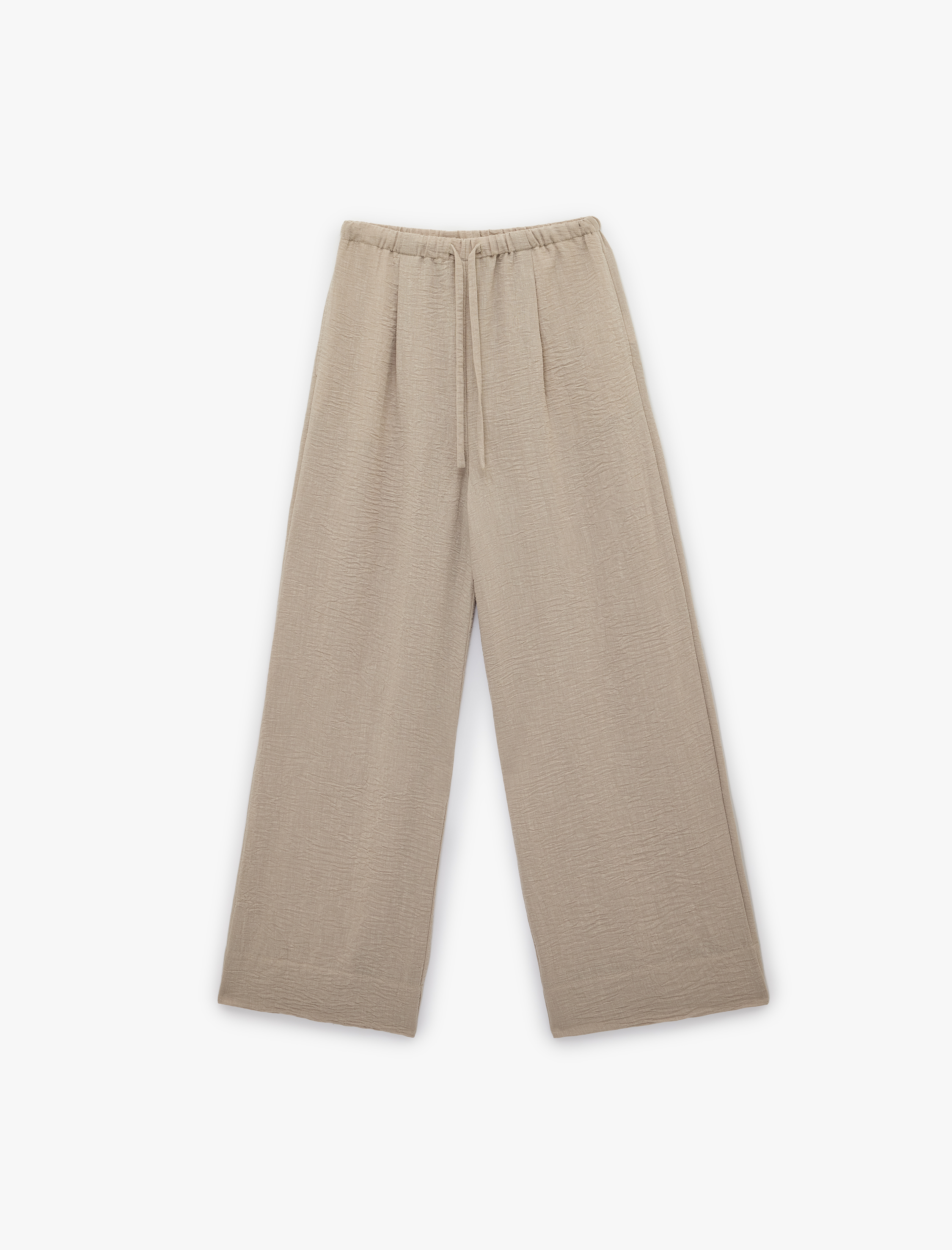   Keten Görünümlü Beli Bağcıklı Geniş Paça Pantolon