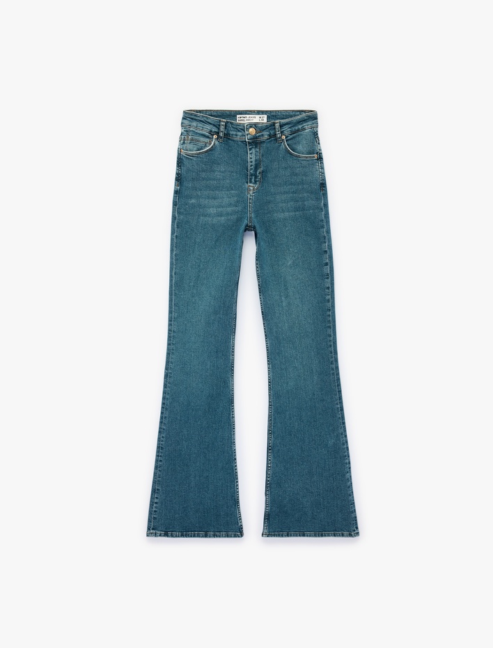  Pamuklu Dar Kalıp Düğmeli İspanyol Paça Denim Pantolon - Flare Jeans