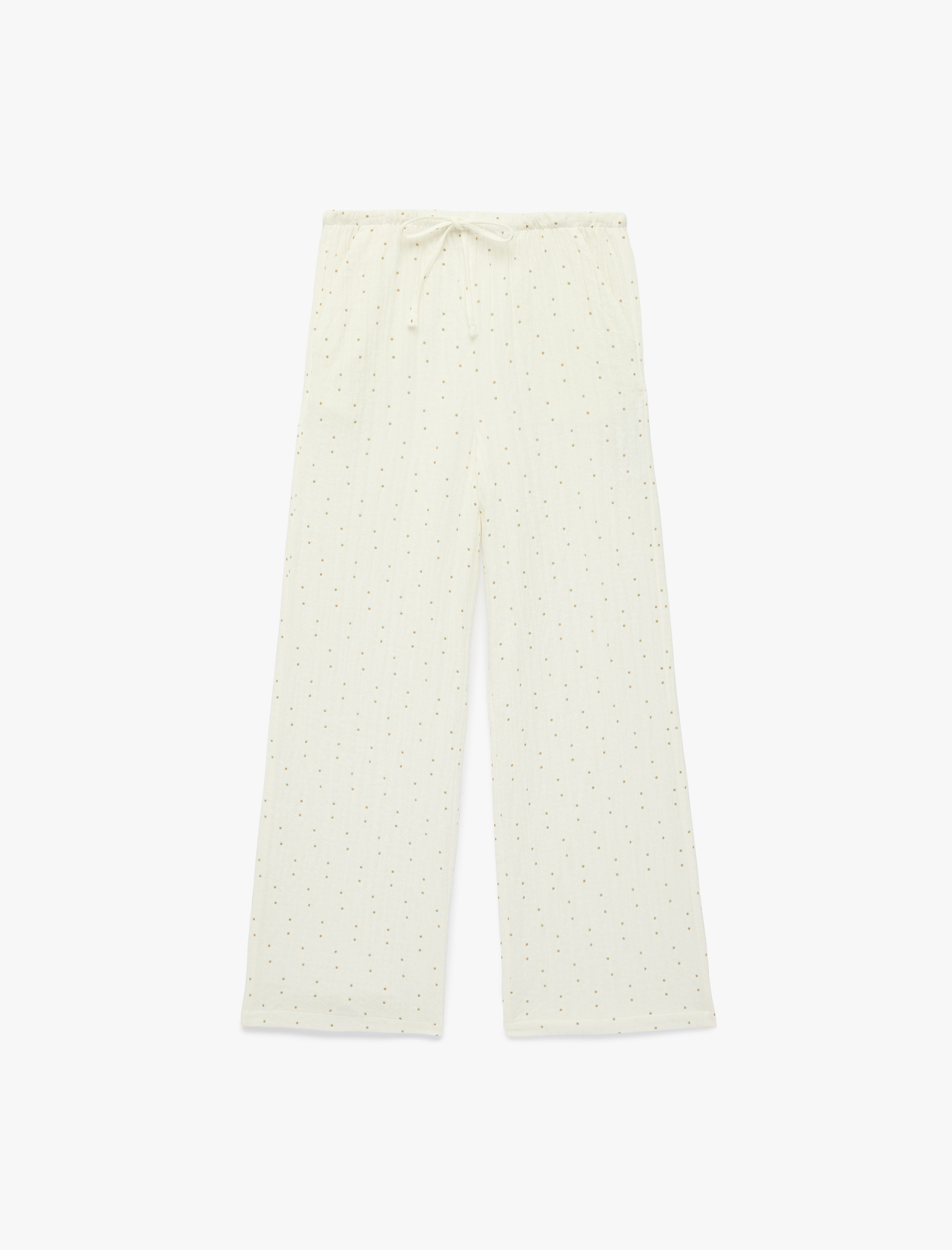   Puantiyeli Beli Bağcıklı Rahat Kalıp Geniş Paça Müslin Pantolon