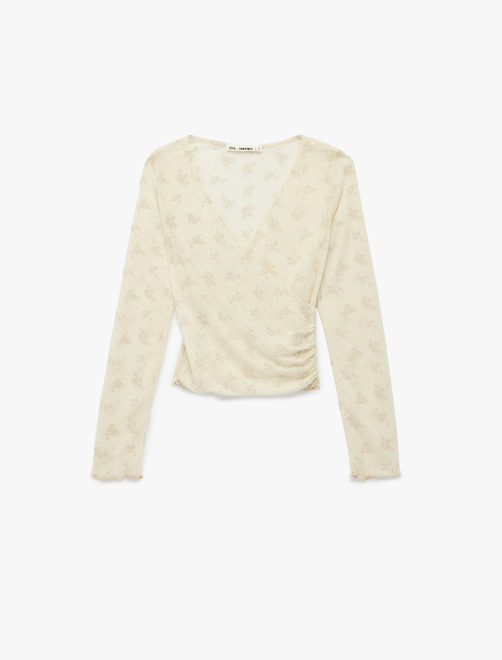  Çiçekli Kruvaze Yaka Slim Fit Uzun Kollu Tişört